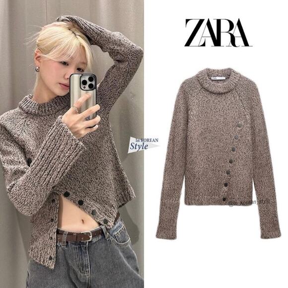 ZARA ASYMMETRIC BUTTON TWISTED YARN KNIT SWEATER - Picture 1 of 10